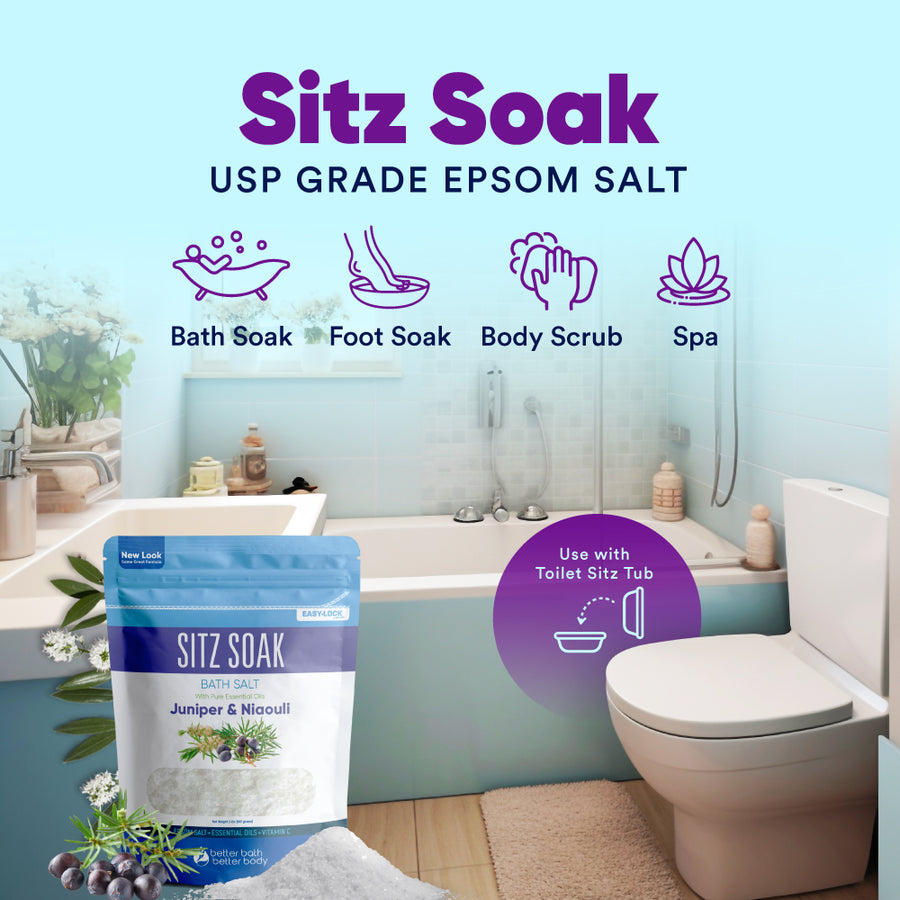 Sitz Soak beside a bathtub, with a note that it can be used with a toilet sitz tub
