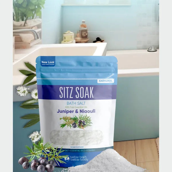 The Sitz Bath Soak pouch beside a bathtub
